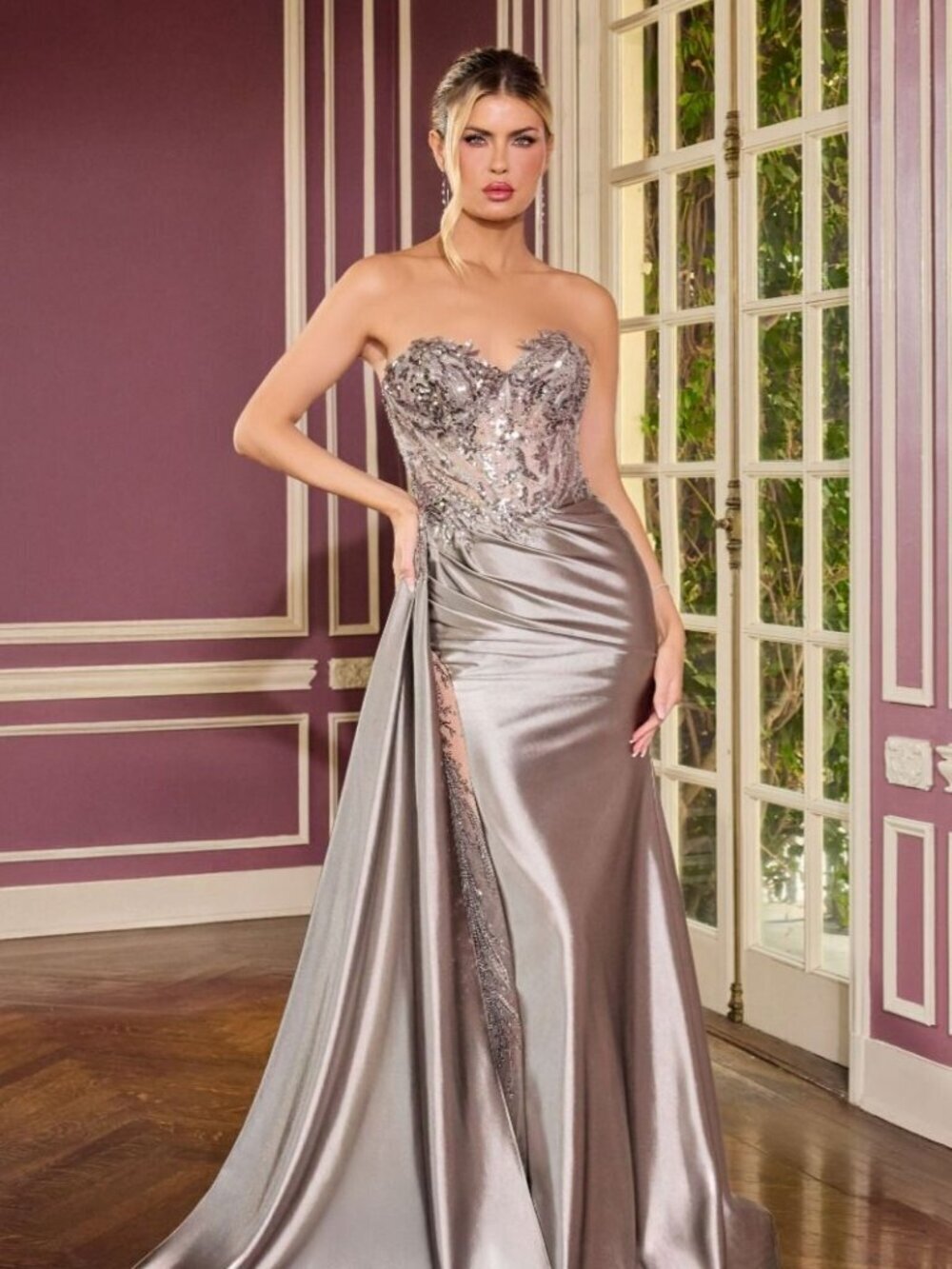 New Dark Silver Strapless Satin Special Occasion Gown w/ Corset Bodice CDS565